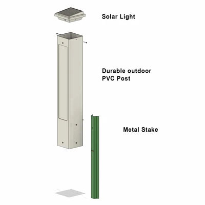 Diagram of the three parts: solar light cap, PVC post and metal stake