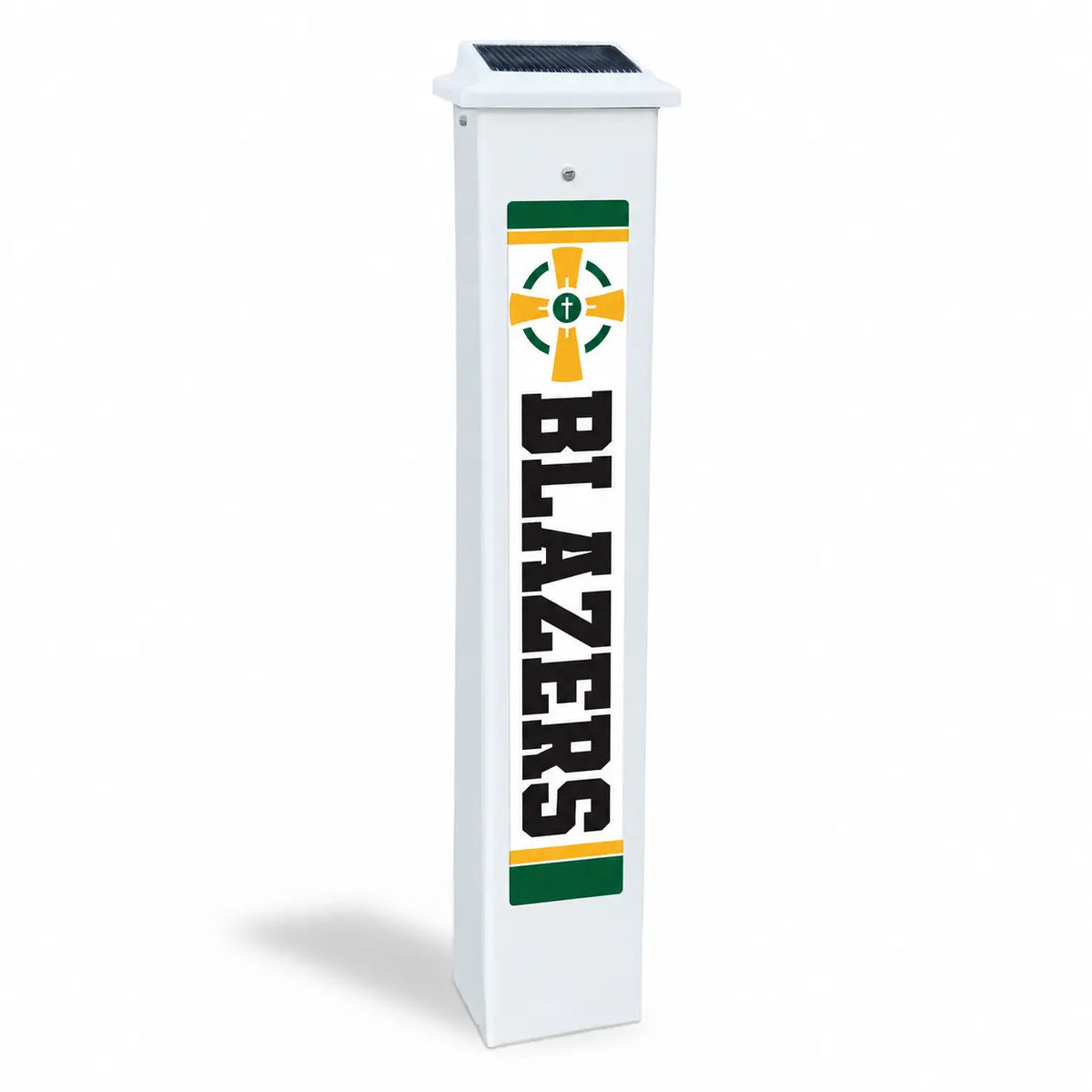 Beckman Catholic Blazers Solar Glow Post in daylight, shown on a white background.