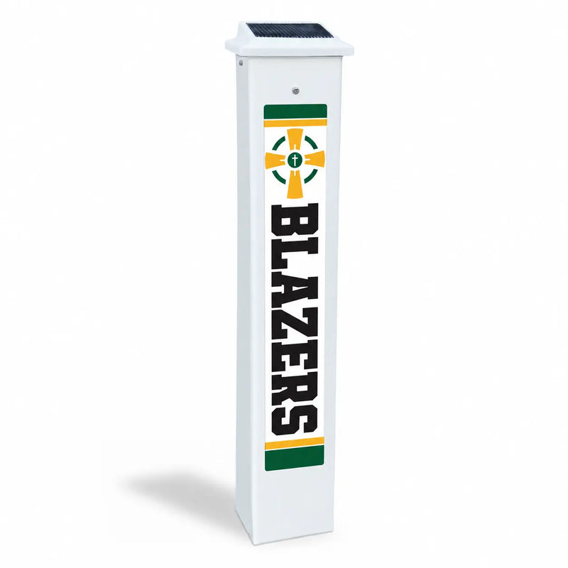 Beckman Catholic Blazers Solar Glow Post in daylight, shown on a white background.