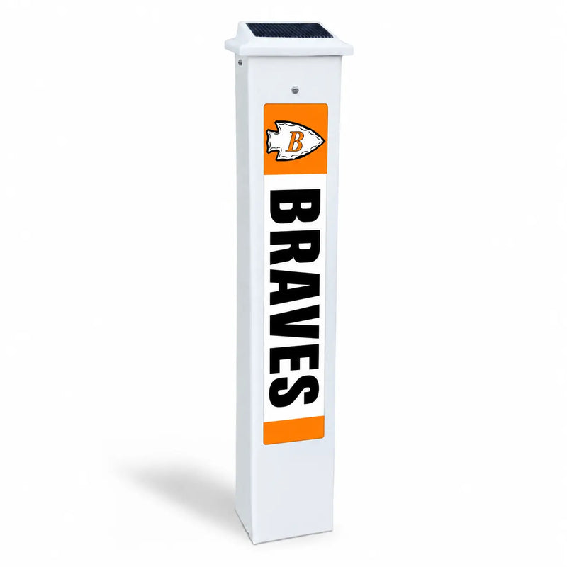 Belmont Braves Solar Glow Post in daylight, shown on a white background.