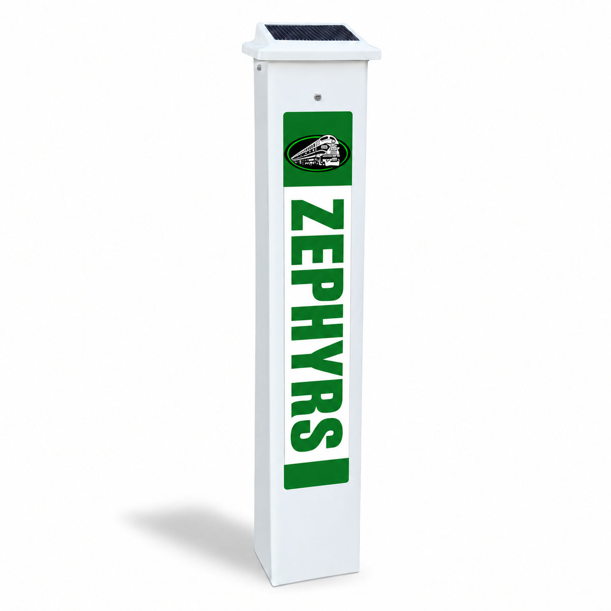 Benton Zephyrs Solar Glow Post in daylight, shown on a white background.