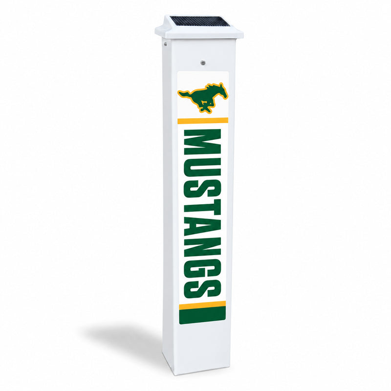 Hempstead Mustangs Solar Glow Post in daylight, shown on a white background.