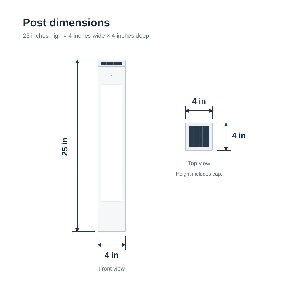 Diagram of the Solar Glow Post with its dimensions marked: 25 inches tall, 4 inches wide and 4 inches deep