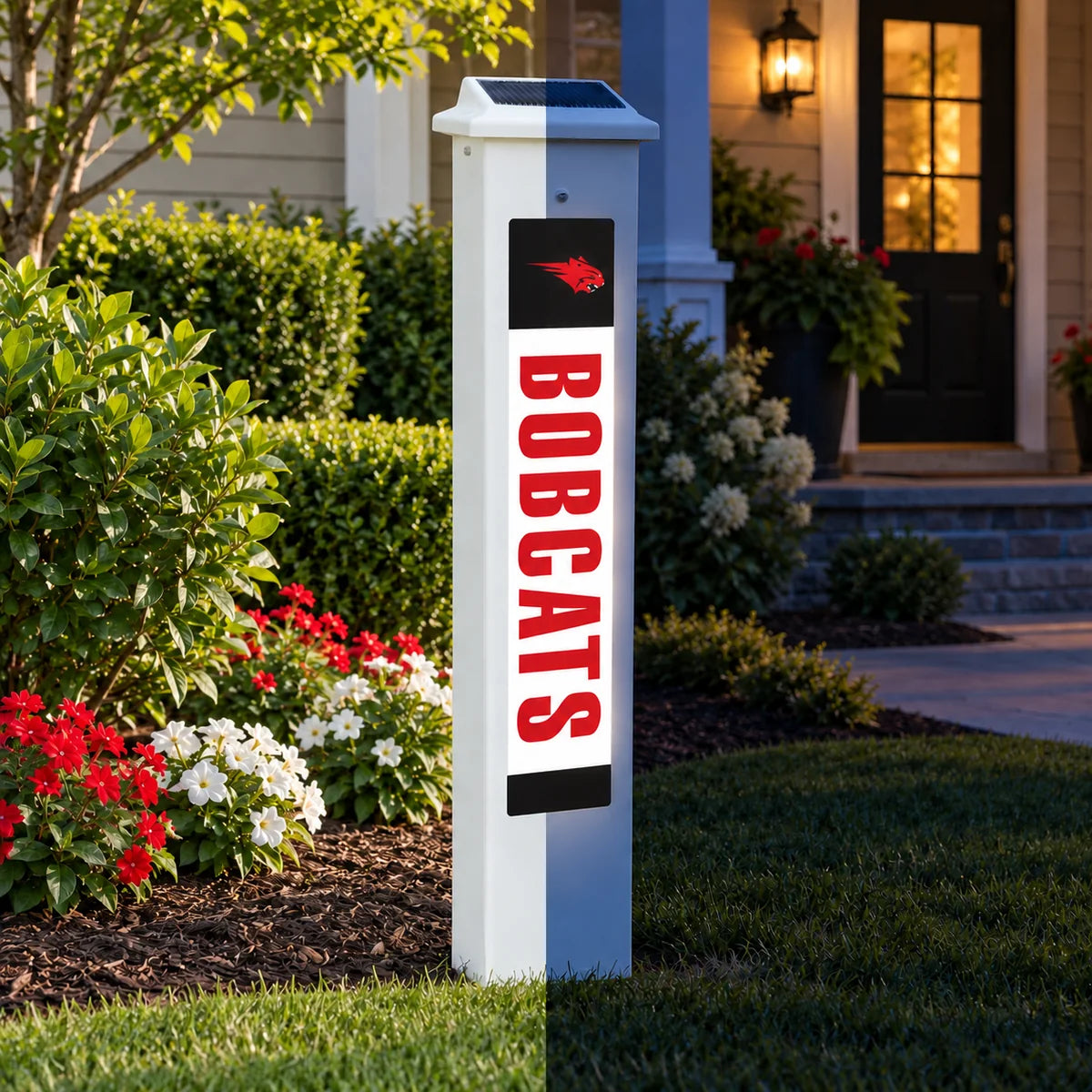 Western Dubuque Bobcats Solar Glow Post shown in daylight and lit at night